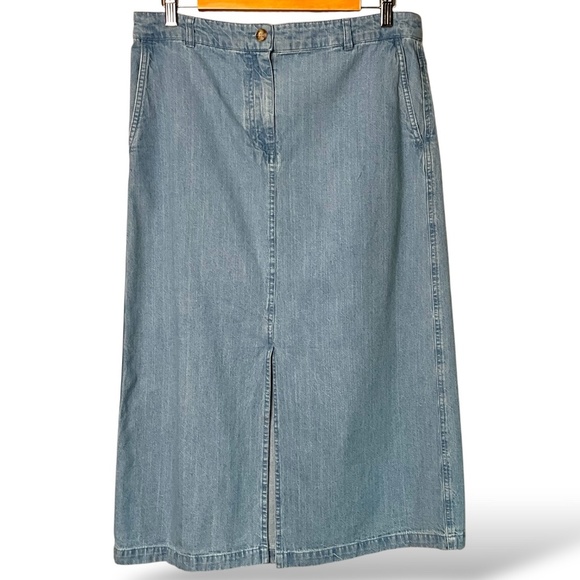 BELLE VERE 100% Cotton Light Wash Denim Midi Skirt w/ Front Slit & Pockets Sz 10 - Picture 3 of 9